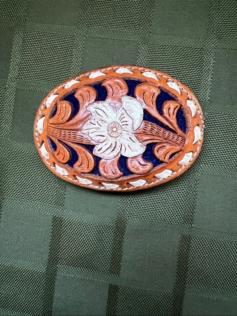 Vintage Hand-Tooled Leather Floral Oval belt buckle- Tan, White & Navy